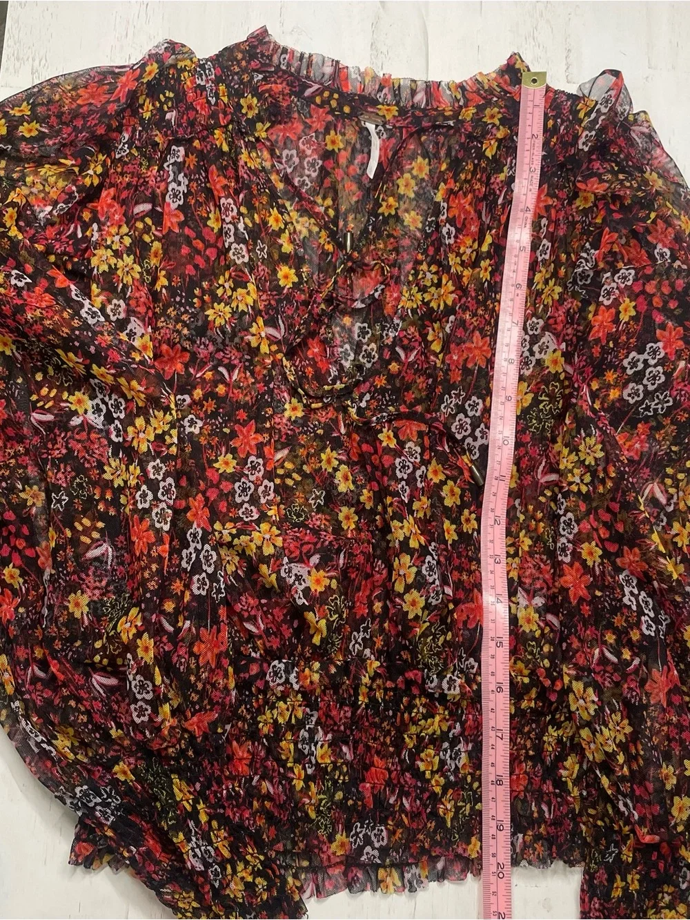 Free People Twyla Sheer Floral Mesh Smocked Blouse Ruffle Shoulder Size L